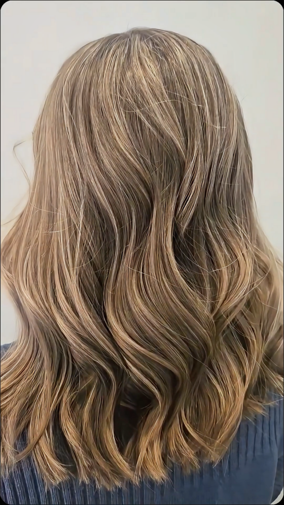 Dimensional hair color with a soft transition from darker roots into lighter lengths